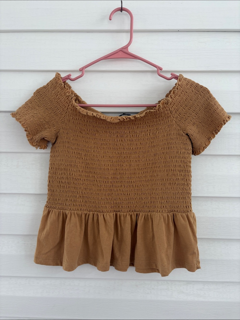 American Eagle M Brown Smocked Peplum Top Off Shoulder Boho Cottagecore